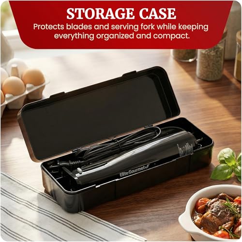 Image of Elite Gourmet Electric Knife Set for Carving Meats, Bread & More. Pressure-activated On /Off Switch, Safety Lock, 2 Serrated Stainless-Steel Blade Sets, Storage Case, Carving /Serving Fork, Black