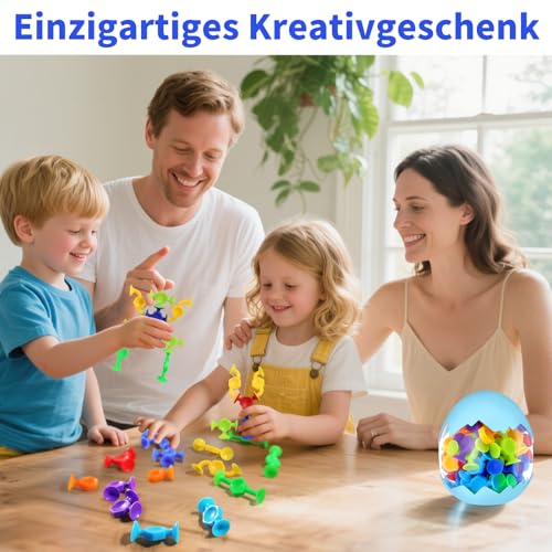 48-teiliges Saugnapf-Spielzeug Set im -Ei – Lernspielzeug ab 3 Jahren mit 6 Farben & 7 Formen für Sensorik, Kreativbauten & Reisebeschäftigung