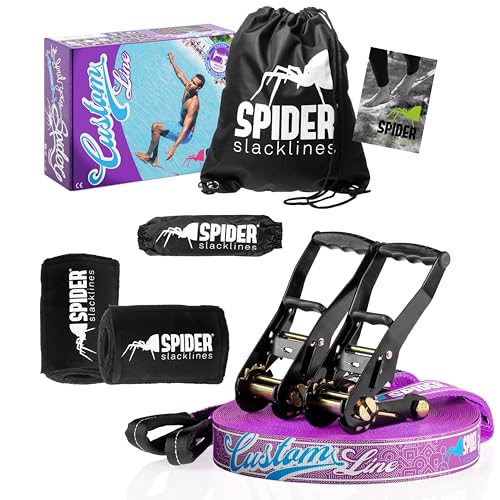 SPIDER SLACKLINE TKSA5 - Kit Slackline Custom slackliners experimentados o Principiantes - Set Completo - Longitud 35m con 2X Trinquetes