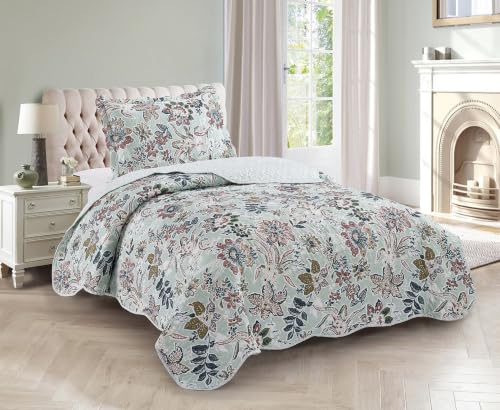 Brilliant Sunshine Beautiful Green Vintage Flowers Quilt Set, Twin Size