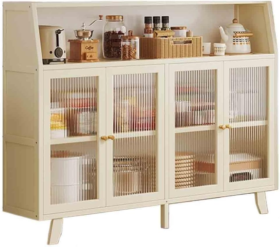Buffet Cabinet Retro-Style Glass Sideboard for Kitchen and Living Room Floor-Standing Wall-Mounted with Storage Compartments Four Doors Kitchen Cabinet