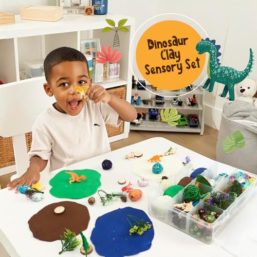 Golray Dinosaur Sensory Dough Kit - Play Dough Set with 4 Packs of Glitter Playdough, 12 Dinosaur Figures, Realistic Plant Toys and Decorative Accessories, Sensory Toys Gifts for Boys Kids Toddlers