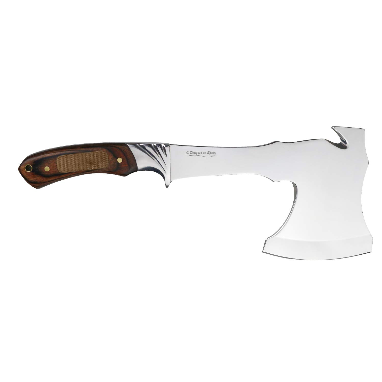 iFIELD Hacha Deportiva Camper EL29001, Hoja de Acero INOX de 9,5 cms, Total 29,5 cm, con Funda de Piel, Mango Stamina Decorada CNC, Herramienta de Camping para Pesca, Caza, Actividad Deportiva