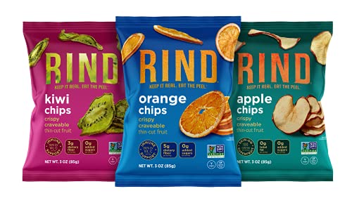 RIND Snacks Unsweetened Dried Fruit Chips Variety Pack with Apple, Orange, Kiwi, No Added SugarHigh Fiber, Vegan, Paleo, Healthy Snacks Non-GMO, 3.0 oz Pack of 3