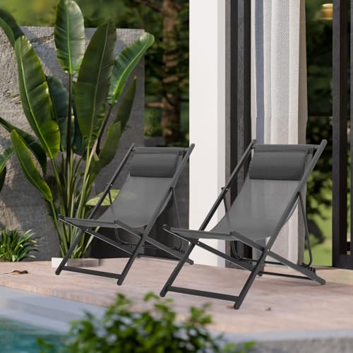 Menkxi 2 Pcs Patio Sling Chairs Outdoor Folding Poolside Chair with Pillow Adjustable 5 Levels Reclining Chairs Portable Beach Chairs Waterproof Breathable Mesh Aluminum Frame for Deck (Grey) - Thumbnail 5