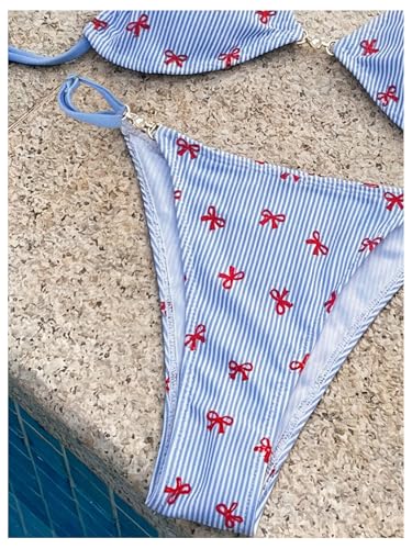Image of RoseSeek Women's Floral Print Cheeky Bikini Sets Pearl Decor Halter Triangle High Cut String Thong Swimsuits