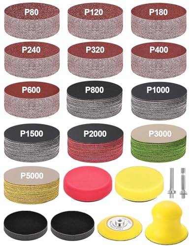 Wewink Plus 268pcs Kit de Disques Abrasifs 75mm, Grain 80-5000 Papier Abrasif Crochet et Boucle avec Plateau Support 1/4