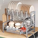 BOOSINY 2 Tier Dish Drying Rack and Drainboard Set, Large Stainless Steel Dish Drainers for Kitchen Counter, Plates Strainer Shelf with Cup Holder（Sliver）