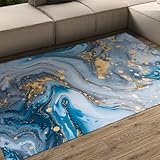 LANDERSION Alfombra de mármol Blue Gold Fluid Art 150x210cm Alfombras Lavables de Luxury Aesthetics para salón habitación de Invitados moqueta de Pelo bajo Que no se para Sala de Juegos de Oficina