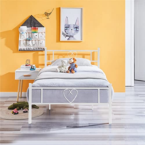 EGGREE Gästebett Metallbett Einzelbett Modern, Bettrahmen mit Herzförmiges Kopfteil, Kinderbett Jugendbett Bettgestelle für Schlafzimmer, 90 x 190 cm, Weiß Cover
