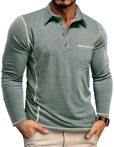 Mens Long Sleeve Polo Shirt Casual Collared Golf T-Shirt Classic Button Lightweigt Pullover Shirts with Pocket