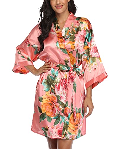 Image of VOGMATE Floral Silk Robes for Women Short Satin Kimono Bride Bridesmaid Robes Bathrobe
