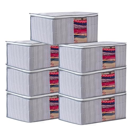 Image of Non-Woven Saree Covers with Zipper and Transparent Window - Clothes Storage Bag for Wardrobe Organization (Grey, PACK OF 7)