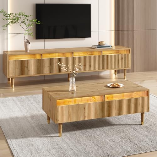 Ensemble de Meubles LED Modernes Meuble TV avec 4 Portes Table Basse avec 2 tiroirs Structure ondulatoire Bas pour Salon Salle à Manger Chambre à Coucher...