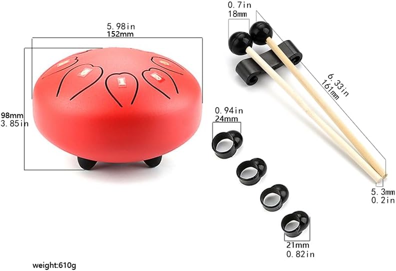 Steel Tongue Hand Drum for Outside/Garden, 6 Inches 8 Notes Steel Rain Drusm for Kid or Adults, Meditation Musical Instrument Hand Pan Drums with Soft Bag, Music Book, 2 Mallets Red