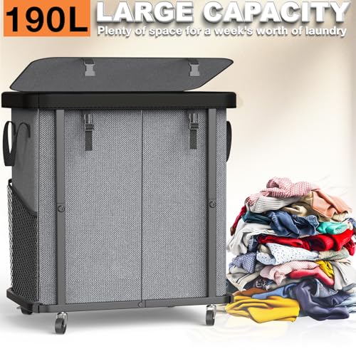 Image of 190L (50 Gal) Large Fashion Laundry Basket with Wheels, Leather Patchwork Rolling Hamper Carts, Sturdy Metal Frame, Removable Washable Bag, Tall Clothes Sorter for Bedroom - Gray