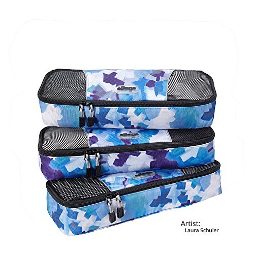 eBags Slim Packing Cubes for Travel - Organizers - 3pc Set - (Artist Series Ltd Edition Blue Watercolor)