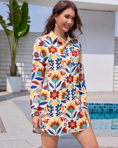 Image of Bsubseach Women Long Sleeve Button Down Shirts Blouses Swim Beach Cover Up