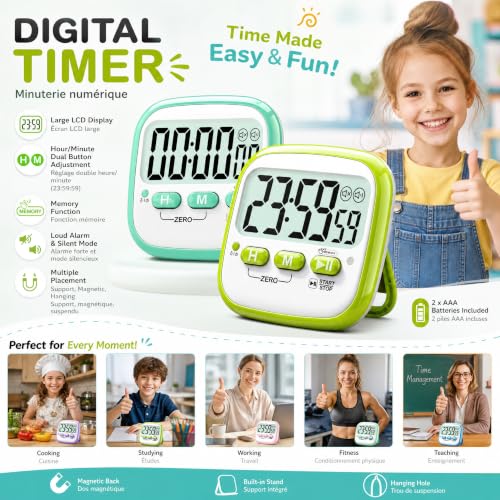 Antonki 2 Pack Classroom Timers for Kids Teachers, Magnetic Countdown Digital Kitchen Timer for Cooking, Study, Exercise, Games, Time Mangement - Loud/Silent Mode - Battery Included - Image 2