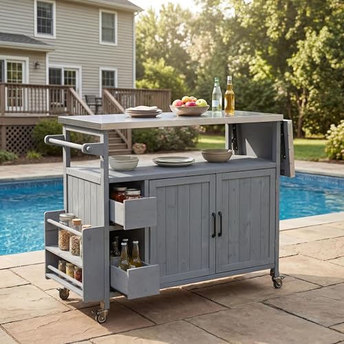 Merax 54.33" Farmhouse Rolling Outdoor Kitchen Cart, Solid Wood Frame