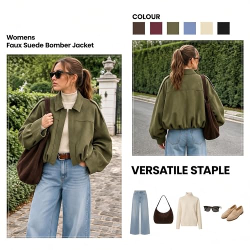Women's Faux Suede Bomber Jacket Oversized Cropped Long Sleeve Fall Jackets - image 4