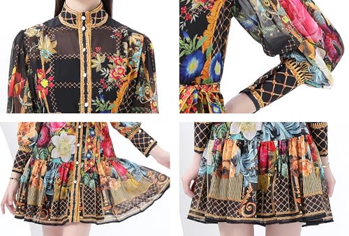 Image of LAI MENG FIVE CATS Women's Floral Print Lantern Sleeve Ruffle Casual Button Belted Thin Loose Fit Mini Dress