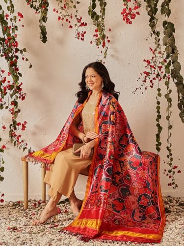 Image of Kalamkari Patola Dupatta Digital Printed With Handmade Tassels
