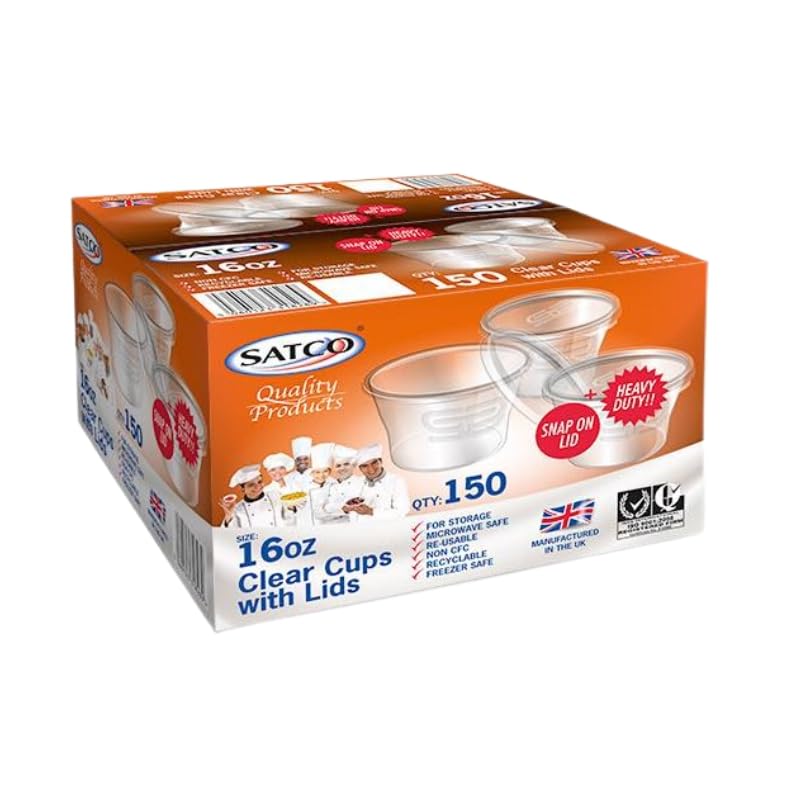 encase 25 Pack Satco Plastic Round Cups with Lids for Takeaway, Satco Food Containers, Leakproof, Plastic Cups for Storage, Sauces, Dips, Salads, Chutney, Restaurants, Catering (16oz)