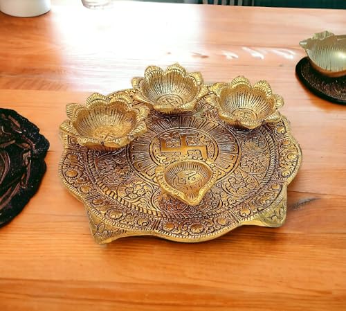 Image of KridayKraft Metal Pooja Thali with Diya for Pooja Home /Temple /Mandir,Decorative Showpiece Pooja Thali Set for Diwali Poojan Wedding Gift Article