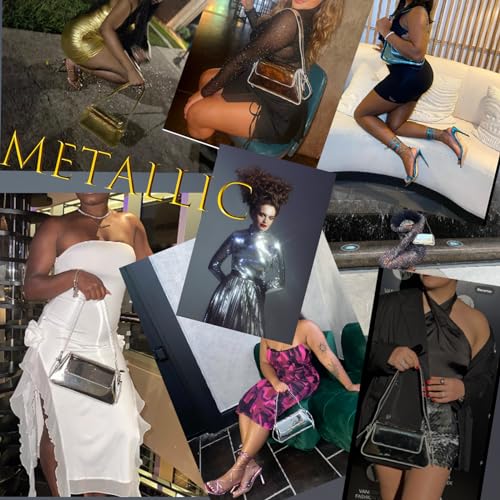 Image of Silver Bag Evening Clutch Bag Sparkly Satchel Patent Leather Y2K Handbag Crossbody Metallic Purses for Party.