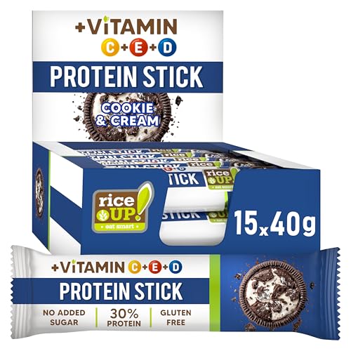 RiceUp! Barra de proteína y vitaminas | 30% de proteína con vitaminas C, D y E | Barra alta en proteínas | Sin azúcares añadidos | Sin gluten | Sin aceite de palma (Cookies And Cream)