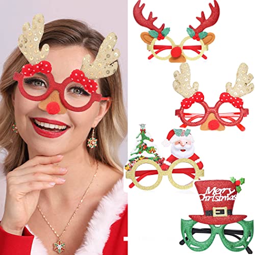 Edary 4 Stück Weihnachts-Glitzer-Party-Brille, Weihnachts-Neuheit, Geweih, Kostüm, Party-Brillenrahmen für Weihnachten, Party, Gastgeschenke Cover