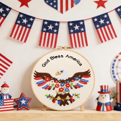 Image of Nuberlic Embroidery Kits for Beginner Adults, God Bless America Eagle Cross Stitch Starter Kit with Embroidery Hoop Needles Threads Instruction -Independence Day