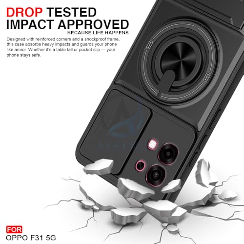 Image of AESTMO Oppo F31 / F33 5G Back Cover | Armor Camera Slider 360 Degree Rotating Finger Ring Holder Case with Bracket Stand Back Case Cover (Compatible with MagSafe Accessories) (Black)