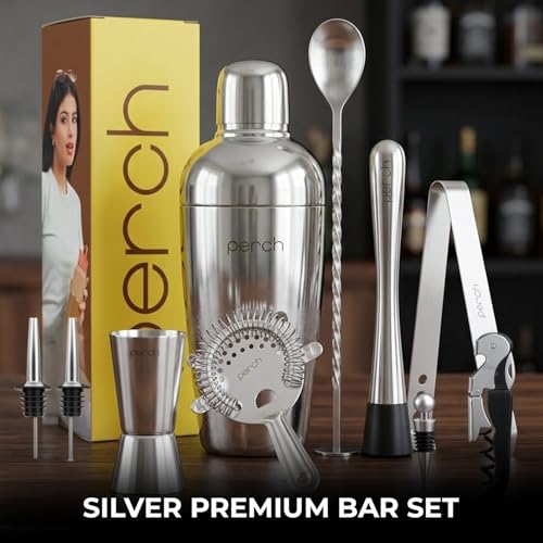 Image of O' Holic by Perch Craft 10-Piece Stainless Steel Bartender Kit|Premium Cocktail Shaker Set with Jigger 30 /60ml, Spoon,Pourer,Ice Tong, & Bar Tools|Professional Bar Set for Home &Tour Parties|Silver