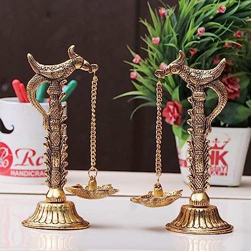 Image of Kridaykraft Parrot Design Metal Hanging with Chain Diya Pair of Parrot Design Bird Diya Deepak Oil Lamp Metal Gold Finish