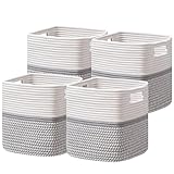 Dreamcountry 13x13 Cube Storage Bins, Storage Cubes with Handles, 4 Pack Cotton Rope Basket for Shelves, Cube Storage Organizer forToys, Book, Clothes, Home, Office, Nursery, Grey