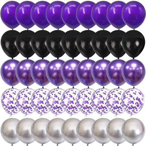 Image of Purple and Black Balloons, 60 Packs 12 Inch Dark Purple Light Purple Black Balloons with Metallic Silver Confetti Latex Balloons for Graduations Halloween Girls Women Birthday Wedding Party Decoration