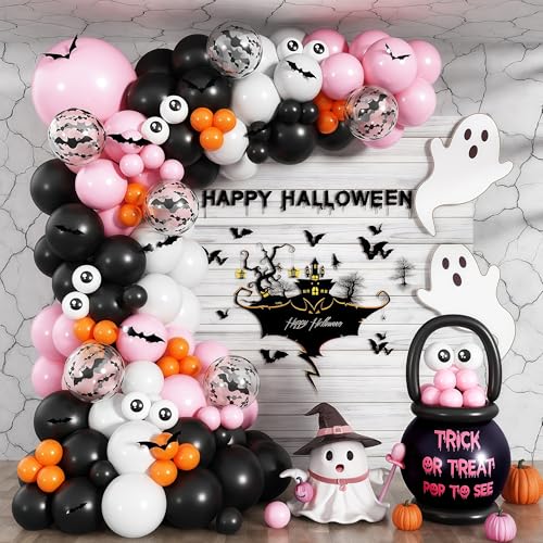 Cute Halloween Balloon Arch Garland Kit, 120pcs Pastel Witch Halloween Balloons with Spider & Bat Decor, Pink Black Orange Spooky Balloon for Girls Baby Shower halloween Boo Indoor Party Decorations