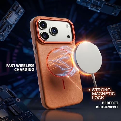 Image of amazon basics Luxury MagSafe Compatible Leather Texture Back Cover for iPhone 17 Pro Max | Raised Camera Protection | Slim Fit Shockproof Case with Metallic Accents (Orange)