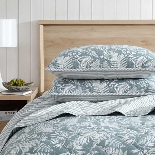 Image of Eddie Bauer - King Quilt Set, Reversible Cotton Bedding with Matching Shams, Wildflower Inspired Home Decor with Stripe Reverse (Fern Garden Green, King)