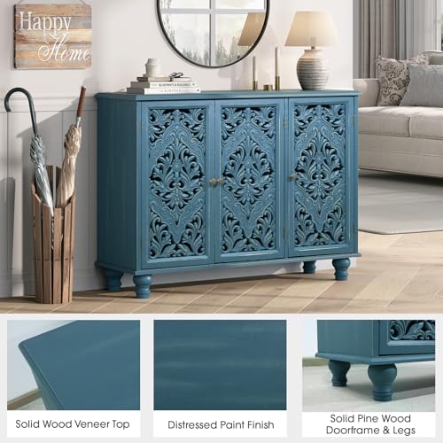 Image of Accent Cabinet with 3 Doors, Decorative Storage Cabinet with Adjustable Shelf, Carved Sideboard Buffet with Solid Wood Legs for Living Room, Entryway, Kitchen, Hallway, Blue
