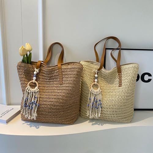 Bolso de playa de paja tejido grande para mujer miniatura 3