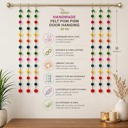 Image of Bindian Multicolor Pom Pom Beads & Golden Bell Toran for Main Door, Pack of 10 Door Hanging Decorative Items, Home Decor Wall Hanging Decoration, Pooja Room Decor, Festival Decoration