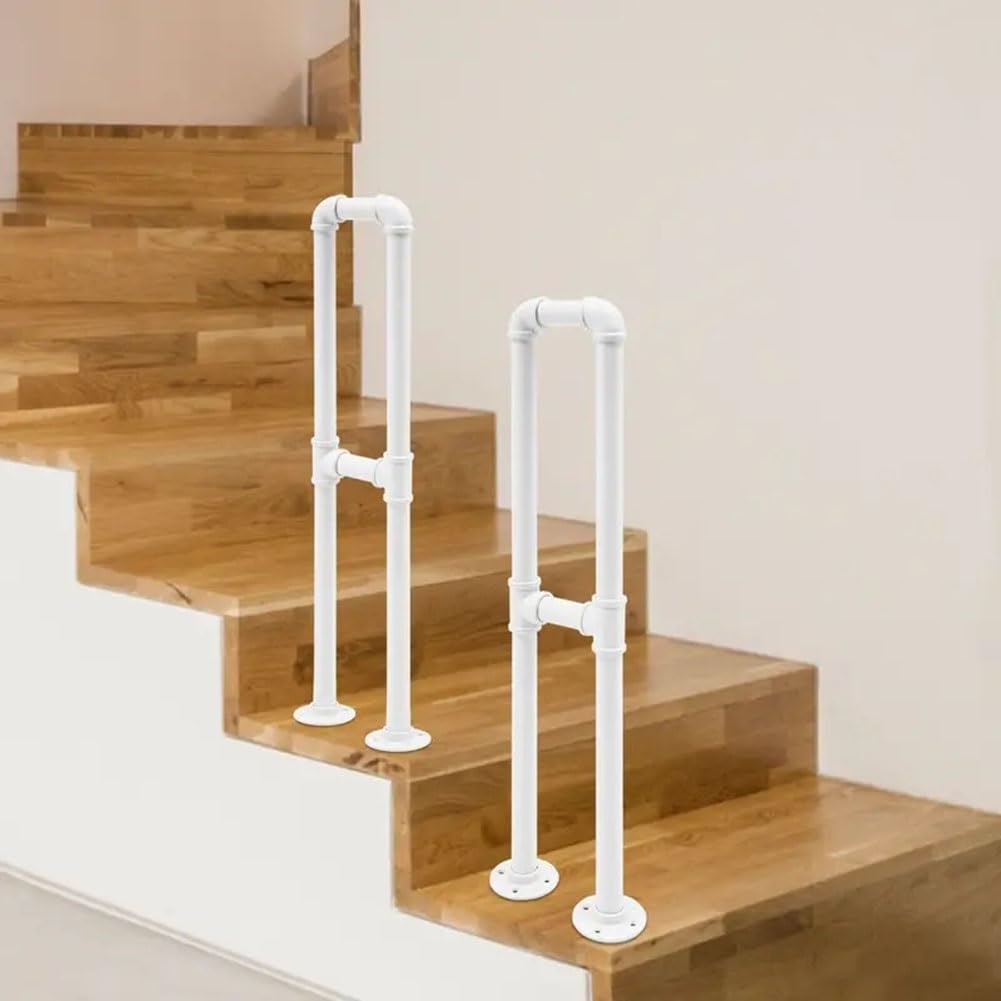 U-Shaped Staircase Handrail, Attic Safety Non-Slip Stair Railings, Industrial Style Wrought Iron Transitional Handrails for Garden, Yard, Deck, Garage(White-2PCS,75CM/2.4FT)
