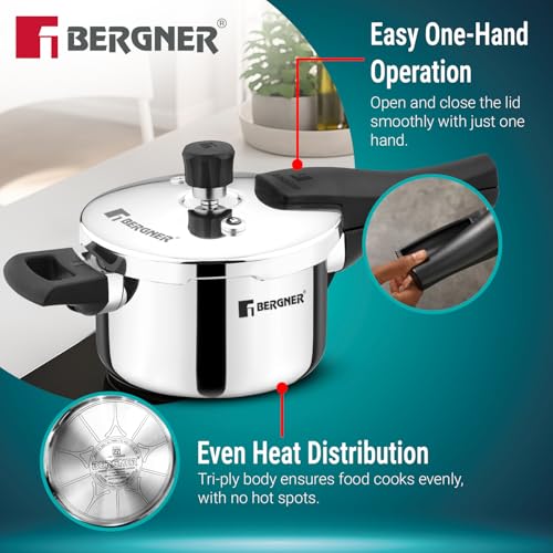 Image of Bergner Argent Classic Triply Stainless Steel 1.5 Liters Outer Lid Pressure Cooker, Mini Baby Cooker with Resettable Safety Valve, Sturdy Handle, Easy to Use and Clean - Induction and Gas Stove Ready