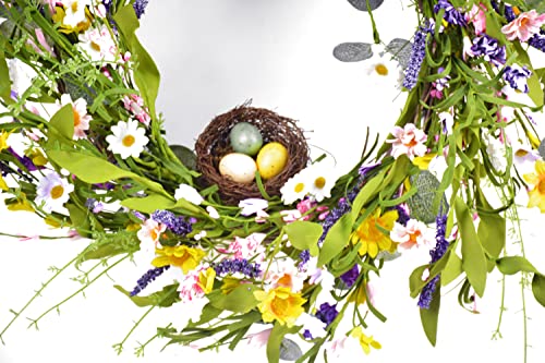 Enjcyling Artificial Wreath, 100% Handmade 22 Inch Eucalyptus Leaves And Yellow Flower With Free Bird Nest And 3 Eggs - Spring Summer Decor For Front Door Or Wall #TOP1