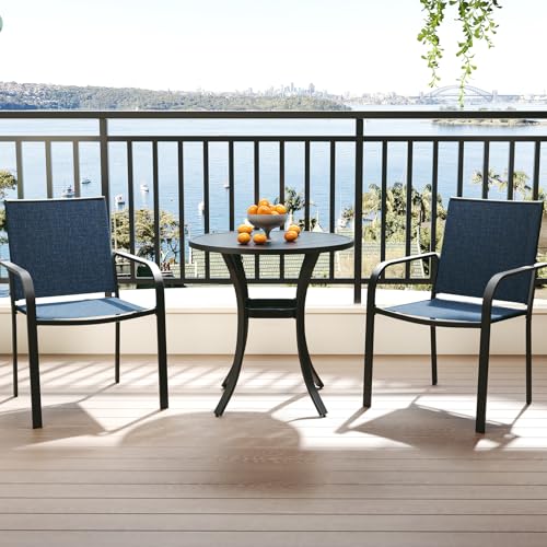 Image of Anmutig 3-Piece Outdoor Dining Set, Small Metal Bistro Table with 2 Stackable Sling Chairs, 27.5 x 27.5 Inch Round Table, Blue Fabric