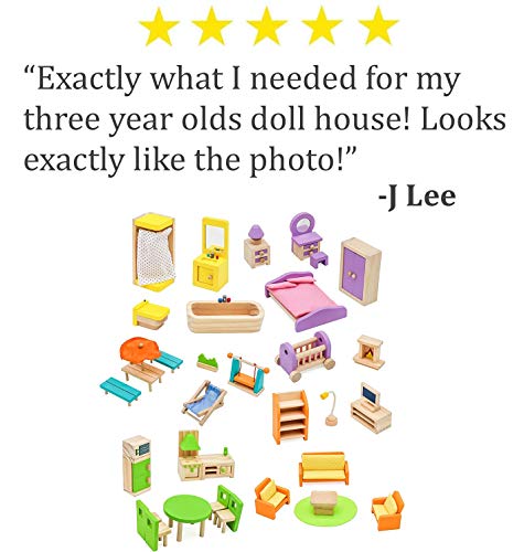 Pidoko Kids Dollhouse Furniture -Fully Furnished Bundle Set - (42 Pcs for 5 Rooms) - Wooden Toys - Thumbnail 6