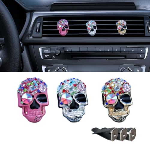 Image of 3PCS Bling Skull Car Air Condition Vent Clip, Colorful Diamond Car Diffuser Vent Clip, Car Air Conditioner Decoration Clip, Funny Horror Car Interior Accessories for Women Girls